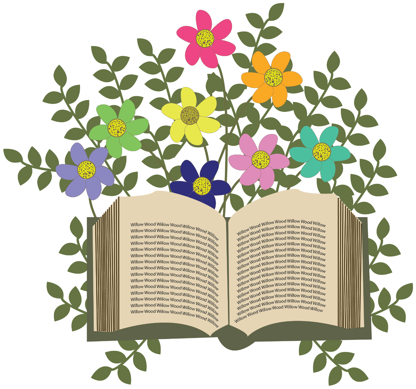 An open book overflowing with colorful flowers and leaves