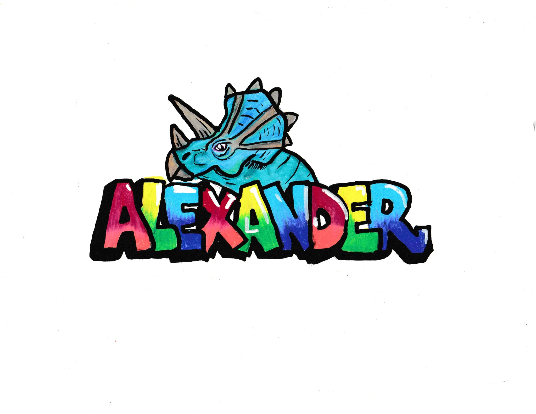 Hand-drawn Alexander name artwork with a blue triceratops and rainbow lettering