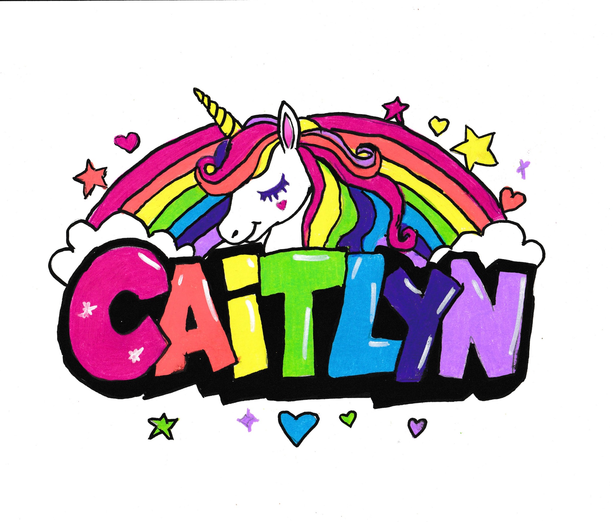 Hand-drawn Caitlyn name artwork with a unicorn, rainbow, stars, and hearts