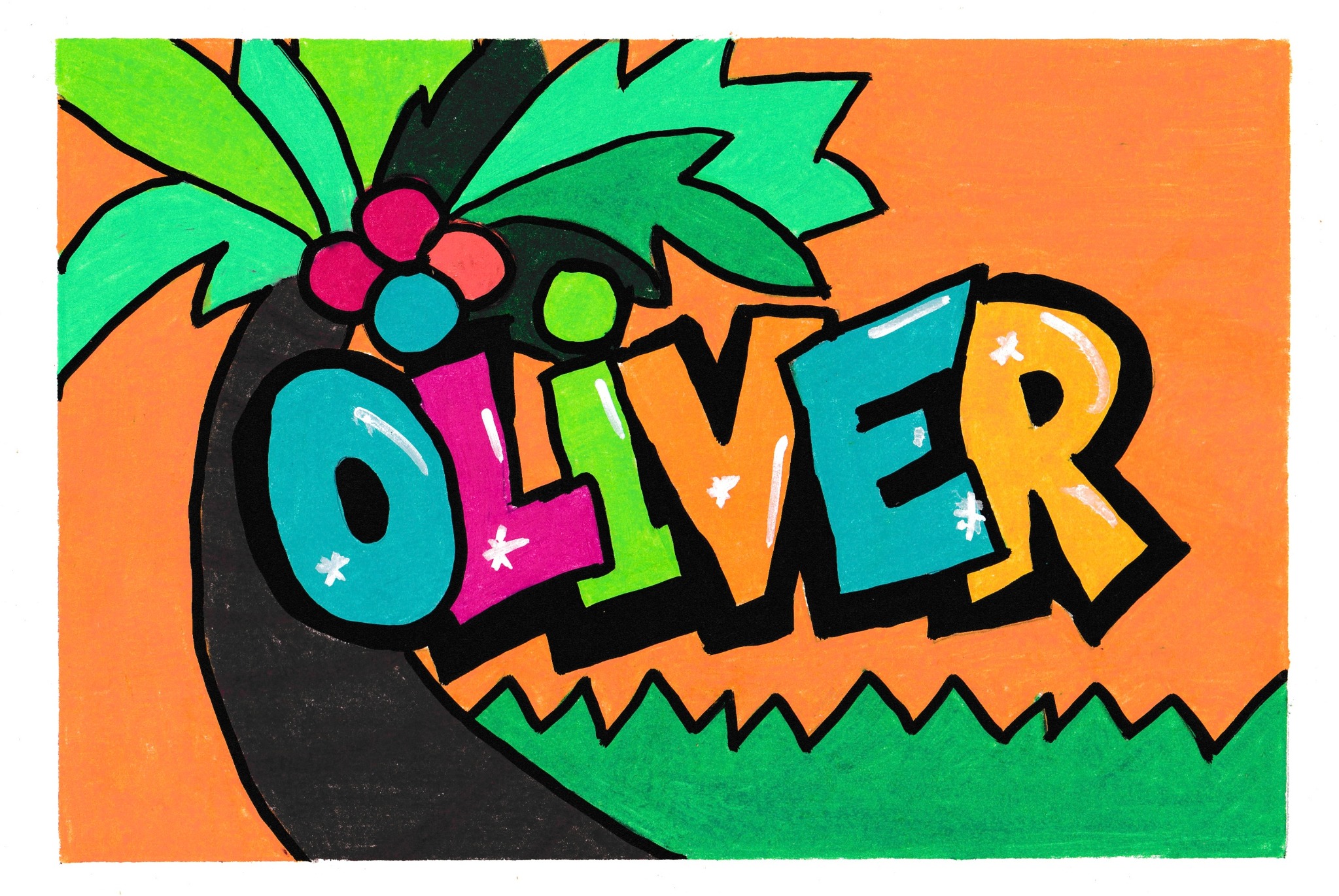 Hand-drawn Oliver name artwork with a palm tree and bright tropical colors