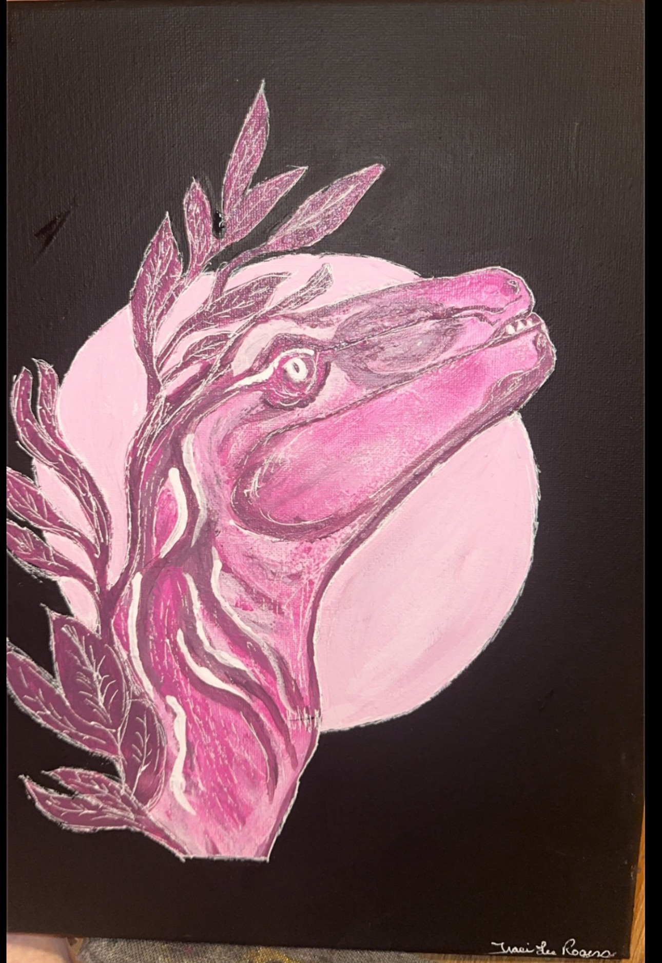 Estelle, an original pink velociraptor painting by Traci Rogers